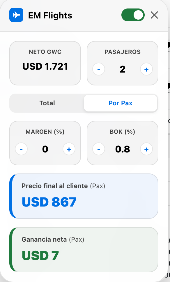 Interfaz de la calculadora EM Flights